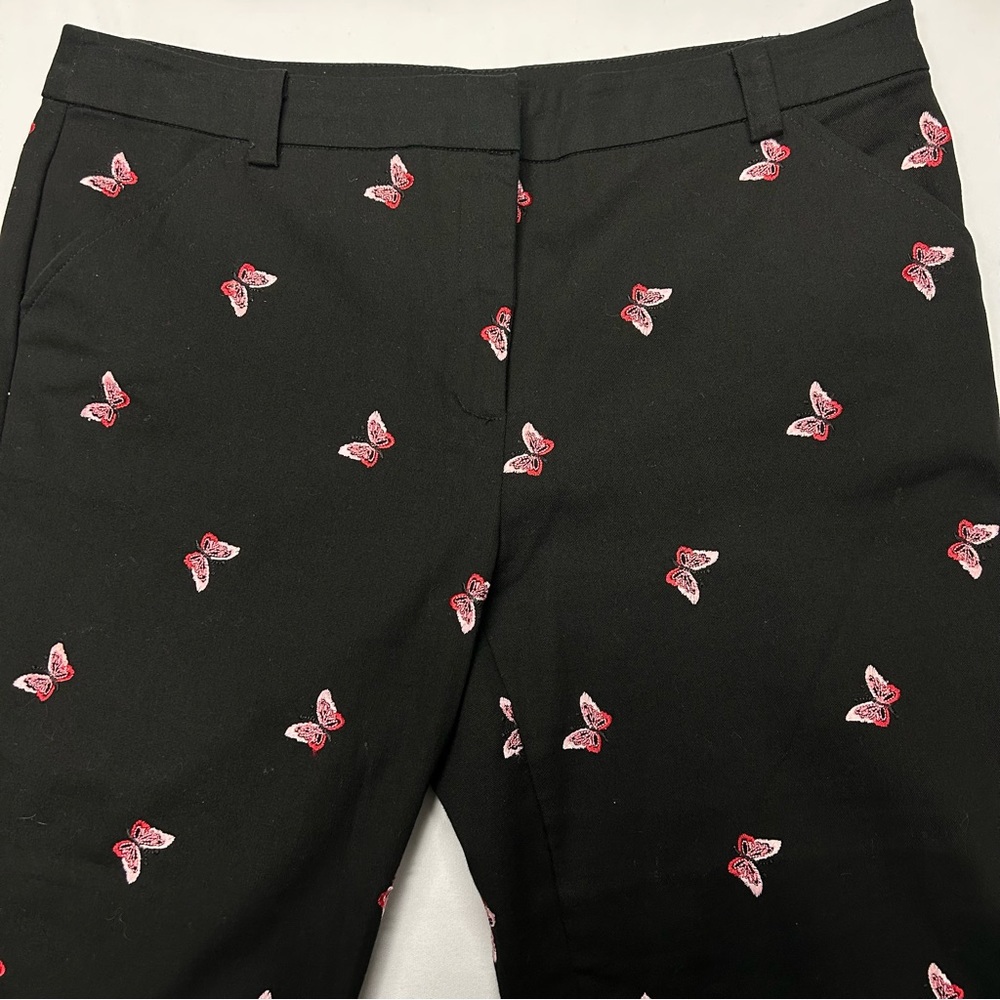Womens Mid Rise Ankle Pants Stretch Pockets Embroidered Butterflies Black‎ Fairy